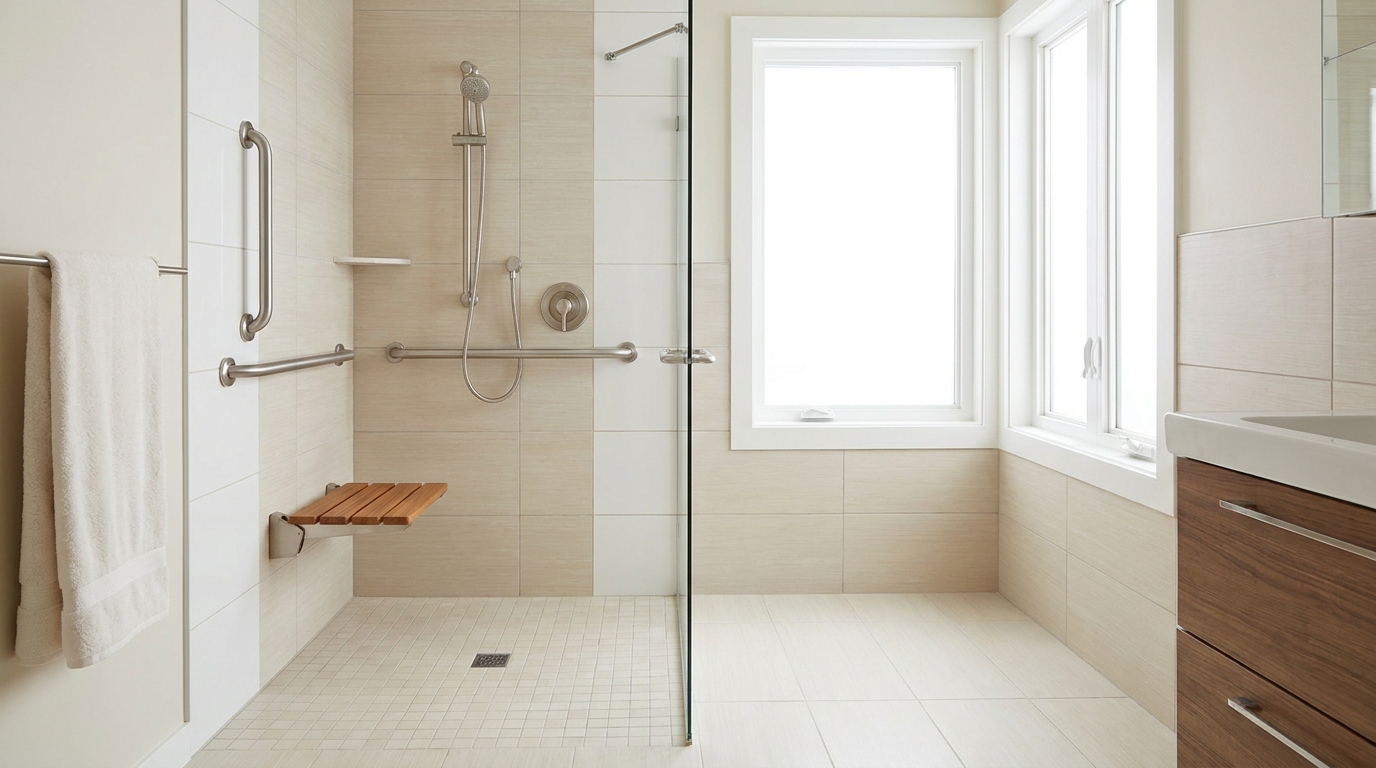 Salle de bain accessible senior, douche de plain-pied avec barre d'appui et siège, carrelage clair, lumineuse